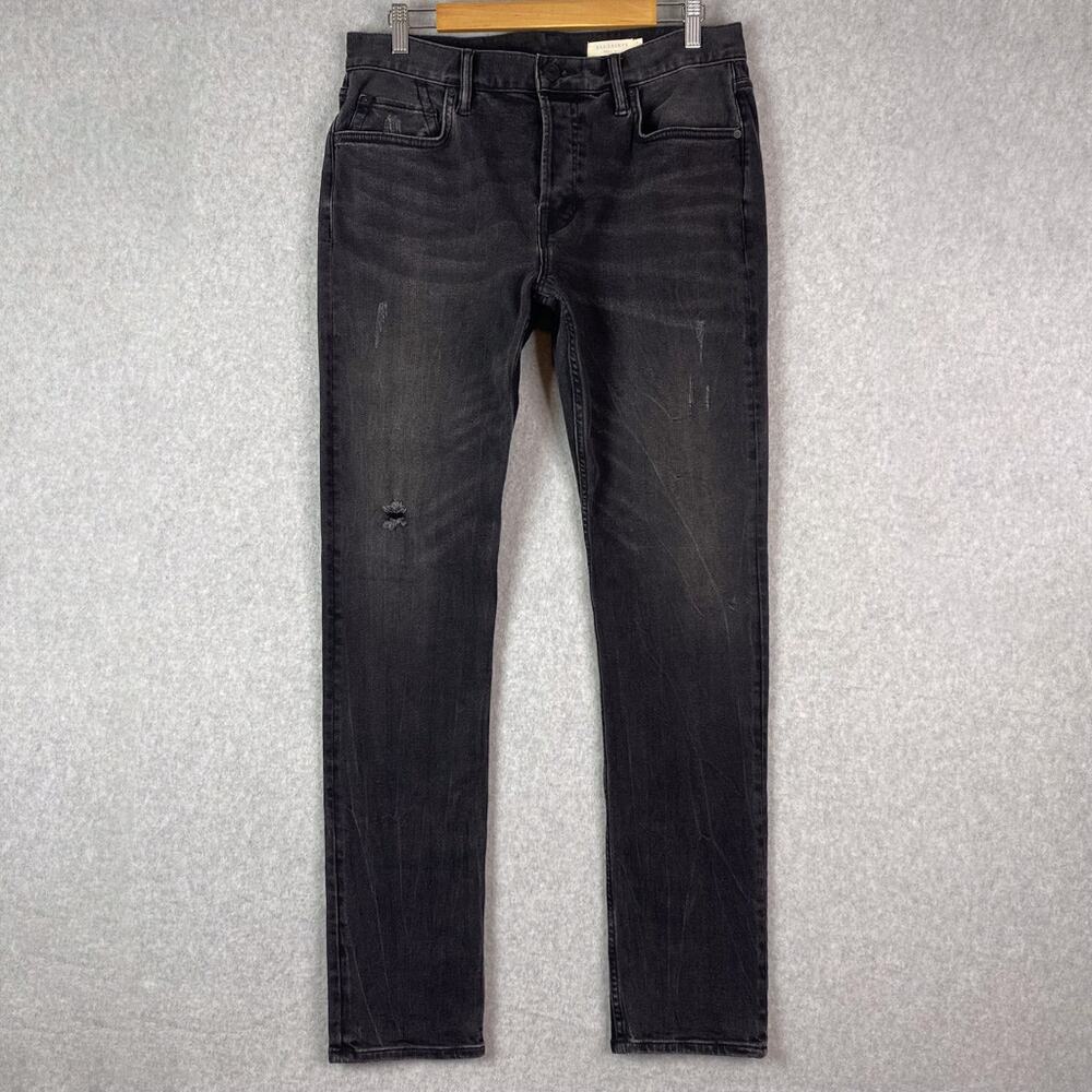 AllSaints Mens 32 Slim Fit Black Rex Jeans Button Fly Distressed